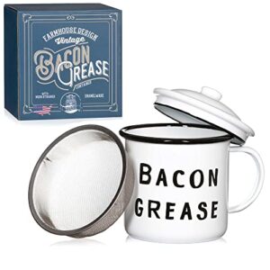 bacon grease container with strainer – rustic mid-century modern farmhouse design, white enamel on metal, 4 inch x 4 inch vintage enamelware with lid (black)
