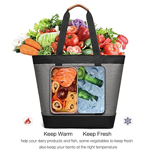 Large Insulated Cooler Bag Gray with Thermal Foam Insulation Reusable Grocery Bag Transport Cold Or Hot Food Apply to Delivery Bag, Travel Picnic Cooler