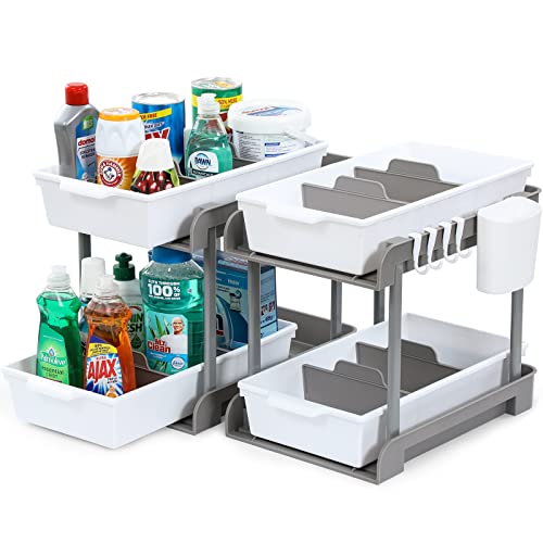 2 Set, 2 Tier Slide Out Under Sink Organizers and Storage with Removable Dividers - Undersink Cabinet Drawers for Bathroom, Kithcen Cleaning and Organization - Multiuse Home Pull Out Organizing Tray