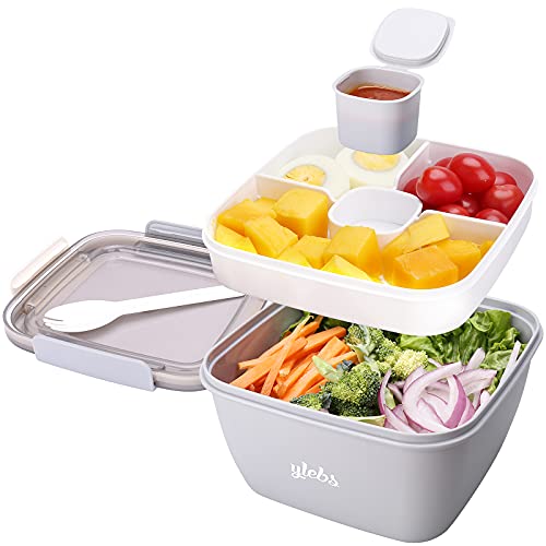 Bento Box Adult Lunch Box,Salad Container for Lunch with Large 52-oz Salad Bowl,3-Compartment Bento-Style Tray and 3-oz Sauce Container for Dressings,Meal Prep to Go Containers for Food Fruit Snack