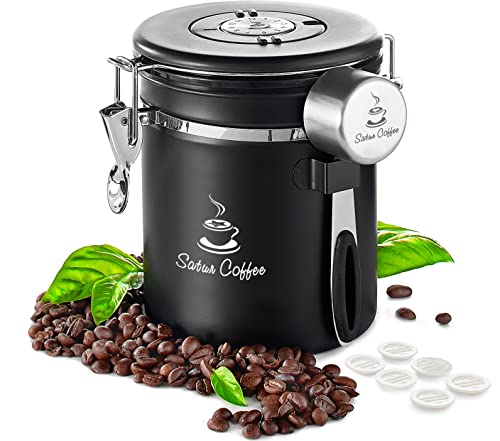 Coffee Canister Airtight Coffee Container - Stainless Steel Coffee Storage for Beans, Grounds, Tea, Sugar - Coffee Containers with Date Tracker, Scoop, CO2 Valve Filters, Large Coffee Jar 16oz, Black