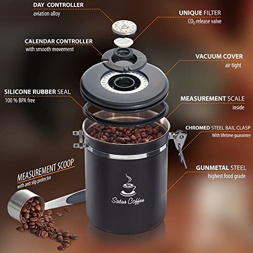 Coffee Canister Airtight Coffee Container - Stainless Steel Coffee Storage for Beans, Grounds, Tea, Sugar - Coffee Containers with Date Tracker, Scoop, CO2 Valve Filters, Large Coffee Jar 16oz, Black