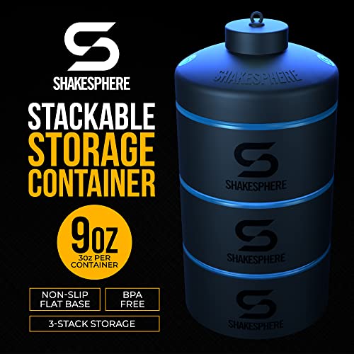 ShakeSphere Stackable Snack Containers - Organizer Carrier for Food, Protein Powders, Nuts & Supplements - 3 Leakproof, Twist Lock Holders - Portable Storage for Lunch, Office, Gym, Travel (Cyan Blue)