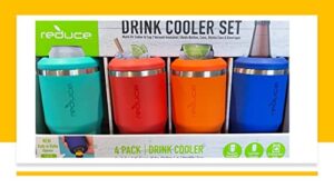 reduce 14 oz. vacuum insulated stainless steel drink cooler, 4 pack built-in bottle opener whit non-slip base 4-in-1 versatility colors: aqua-red-orange-blue (art1614168)