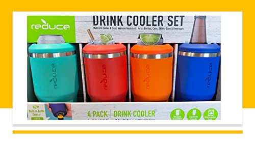 REDUCE 14 oz. Vacuum Insulated Stainless Steel Drink Cooler, 4 Pack Built-in Bottle Opener whit Non-Slip Base 4-in-1 Versatility Colors: Aqua-Red-Orange-Blue (ART1614168)