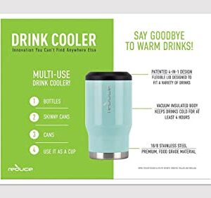 REDUCE 14 oz. Vacuum Insulated Stainless Steel Drink Cooler, 4 Pack Built-in Bottle Opener whit Non-Slip Base 4-in-1 Versatility Colors: Aqua-Red-Orange-Blue (ART1614168)