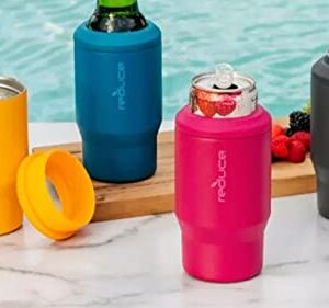 REDUCE 14 oz. Vacuum Insulated Stainless Steel Drink Cooler, 4 Pack Built-in Bottle Opener whit Non-Slip Base 4-in-1 Versatility Colors: Aqua-Red-Orange-Blue (ART1614168)