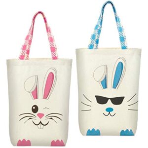 Weewooday 2 Pieces Easter Bunny Bags Large Easter Canvas Tote Bags Bunny Ears Basket Bags Spring Egg Hunts Bags for Easter Kids Eggs Candy Hunting Carrying Daily Usage (Blue, Pink)