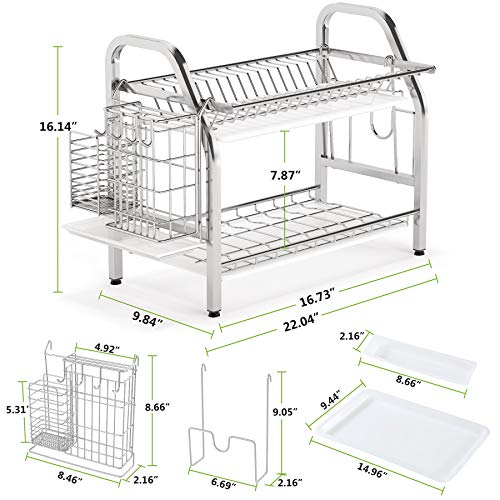 1Easylife Dish Drying Rack, 2 Tier Dish Rack Stainless Steel with Utensil Knife Holder and Cutting Board Holder Dish Drainer with Removable Drain Board for Kitchen Counter Organizer Storage (Silver)