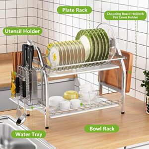 1Easylife Dish Drying Rack, 2 Tier Dish Rack Stainless Steel with Utensil Knife Holder and Cutting Board Holder Dish Drainer with Removable Drain Board for Kitchen Counter Organizer Storage (Silver)