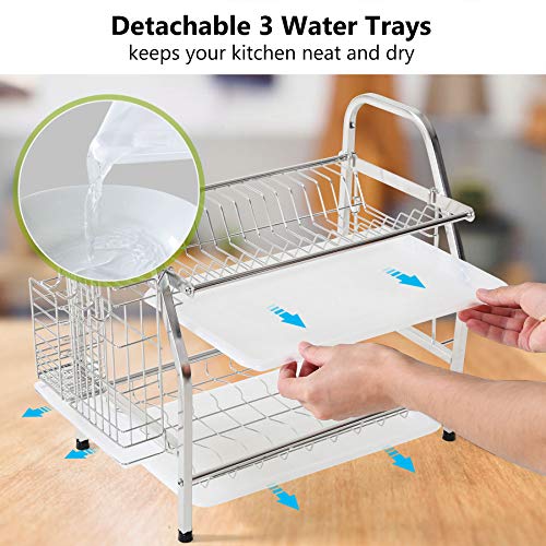 1Easylife Dish Drying Rack, 2 Tier Dish Rack Stainless Steel with Utensil Knife Holder and Cutting Board Holder Dish Drainer with Removable Drain Board for Kitchen Counter Organizer Storage (Silver)