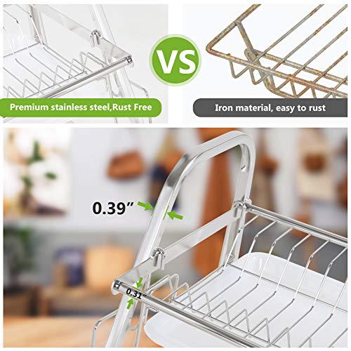 1Easylife Dish Drying Rack, 2 Tier Dish Rack Stainless Steel with Utensil Knife Holder and Cutting Board Holder Dish Drainer with Removable Drain Board for Kitchen Counter Organizer Storage (Silver)