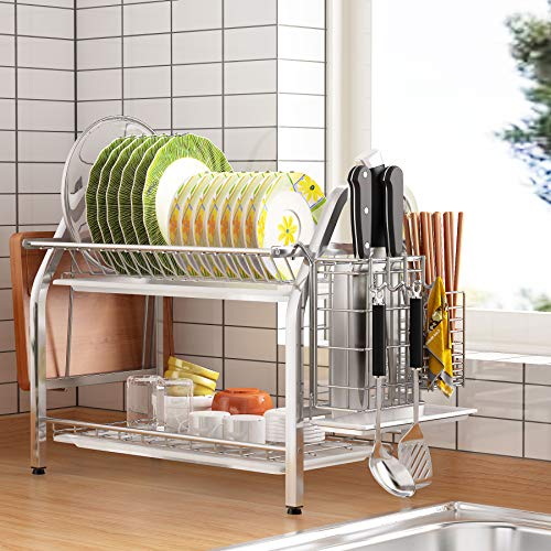 1Easylife Dish Drying Rack, 2 Tier Dish Rack Stainless Steel with Utensil Knife Holder and Cutting Board Holder Dish Drainer with Removable Drain Board for Kitchen Counter Organizer Storage (Silver)