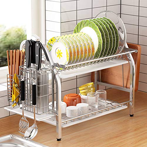 1Easylife Dish Drying Rack, 2 Tier Dish Rack Stainless Steel with Utensil Knife Holder and Cutting Board Holder Dish Drainer with Removable Drain Board for Kitchen Counter Organizer Storage (Silver)