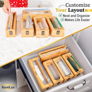 BarnLux Ziplock Bag Storage Organizer & Wrap Dispenser 5 Separate Boxes - Premium Bamboo Food Storage Bags Organizer for Drawer, Anti-Cushion Bottom Baggie Organizer, Polished Surface