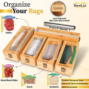 BarnLux Ziplock Bag Storage Organizer & Wrap Dispenser 5 Separate Boxes - Premium Bamboo Food Storage Bags Organizer for Drawer, Anti-Cushion Bottom Baggie Organizer, Polished Surface