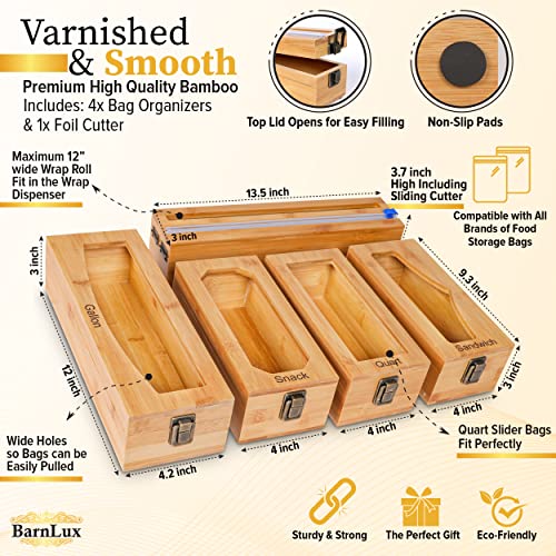 BarnLux Ziplock Bag Storage Organizer & Wrap Dispenser 5 Separate Boxes - Premium Bamboo Food Storage Bags Organizer for Drawer, Anti-Cushion Bottom Baggie Organizer, Polished Surface