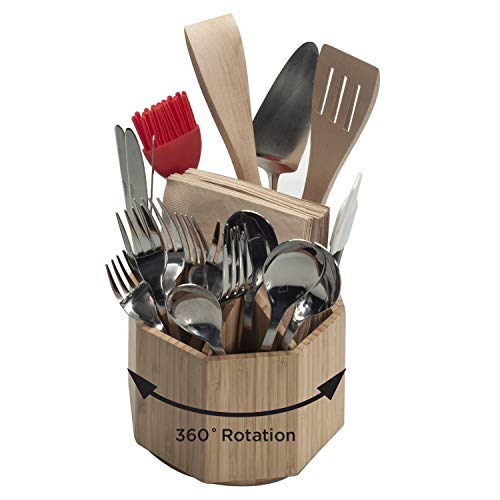 Bamboo Rotating Utensil Holder & Kitchen Organizer, Multiple Compartments, 8 Sections, store Forks, Serving Spoons, Knives, and other cooking tools with Removable Divider for Customized Storage