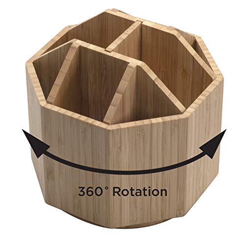 Bamboo Rotating Utensil Holder & Kitchen Organizer, Multiple Compartments, 8 Sections, store Forks, Serving Spoons, Knives, and other cooking tools with Removable Divider for Customized Storage