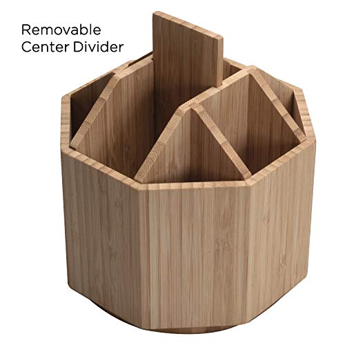 Bamboo Rotating Utensil Holder & Kitchen Organizer, Multiple Compartments, 8 Sections, store Forks, Serving Spoons, Knives, and other cooking tools with Removable Divider for Customized Storage