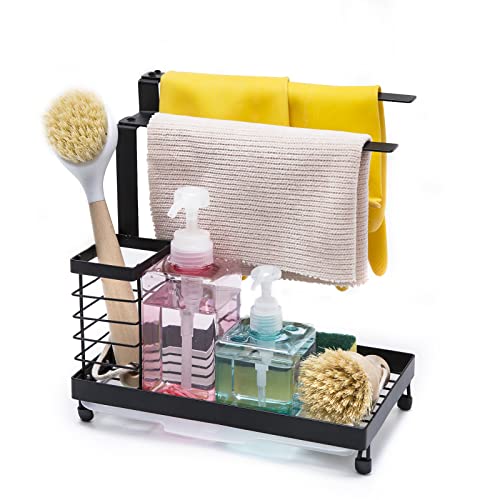 SVUASAN Sink Caddy Sponge Holder, Kitchen Countertop Rust Proof Sink Accessories Organizer with Handle Drip Drainer Pan Dishcloth Rack for Dish Brush, Soap Dispenser, Dishwashing Gloves ( Black )