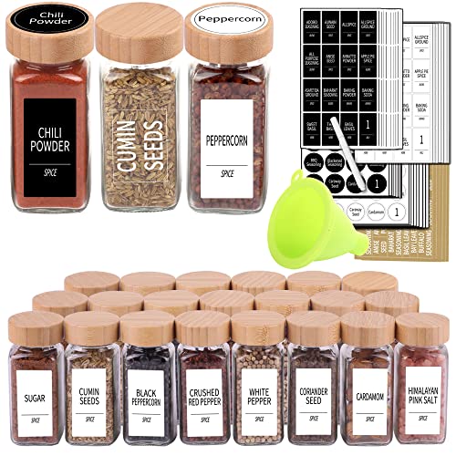 SWOMMOLY 36 Glass Spice Jars with Labels,4 oz Empty Square Spice Jars with Bamboo Lids,5 Different Types of Spice Labels Sets, Spice Bottles with Shaker Lids