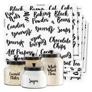 talented kitchen 135 pantry labels for food containers, preprinted clear kitchen food labels for organizing storage canisters & jars, black cursive + numbers stickers (water resistant)