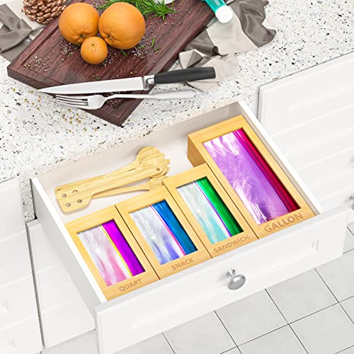 Migarndy Ziplock Bag Storage Organizer, Moso Bamboo Ziplock Bag Organizer for Drawer, Suitable for Gallon, Quart, Sandwich, Snack, Slider Bags, Compatible with Ziploc, Solimo, Glad, Hefty (Bamboo)