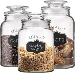 glass canister set for kitchen or bathroom with airtight lid and chalkboard labels, apothecary glass food storage jars – set of 3 cookie jars, candy, coffee, flour, sugar, rice, pasta, cereal & more, clear storage containers!
