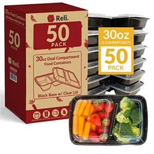 reli. meal prep containers, 30 oz. (50 pack) – black 2 compartment food containers with lids, microwavable food storage containers – black reusable bento box/lunch box containers for meal prep (30 oz)