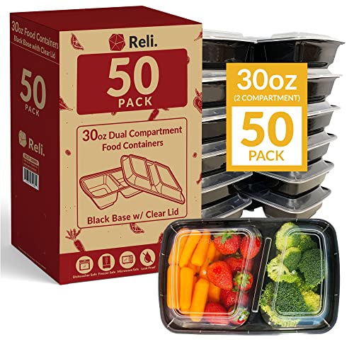 Reli. Meal Prep Containers, 30 oz. (50 Pack) - Black 2 Compartment Food Containers with Lids, Microwavable Food Storage Containers - Black Reusable Bento Box/Lunch Box Containers for Meal Prep (30 oz)