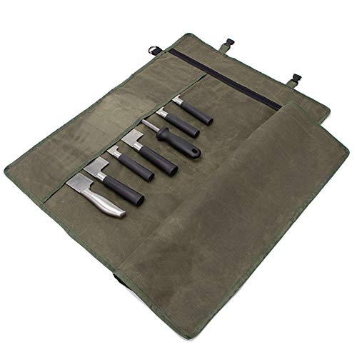 Knife Roll ,Chef’s Knife Roll Bag, Waxed Canvas Knife Cutlery Carrier, Portable Chef Knife Cases, Knife Roll Holders With 10 Slots Plus 1 Zipper Pockets Can Hold Home Kitchen Knife Tools Up To 18.8”