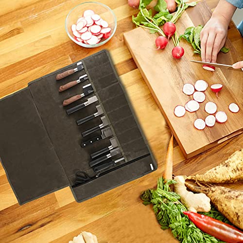 Knife Roll ,Chef’s Knife Roll Bag, Waxed Canvas Knife Cutlery Carrier, Portable Chef Knife Cases, Knife Roll Holders With 10 Slots Plus 1 Zipper Pockets Can Hold Home Kitchen Knife Tools Up To 18.8”