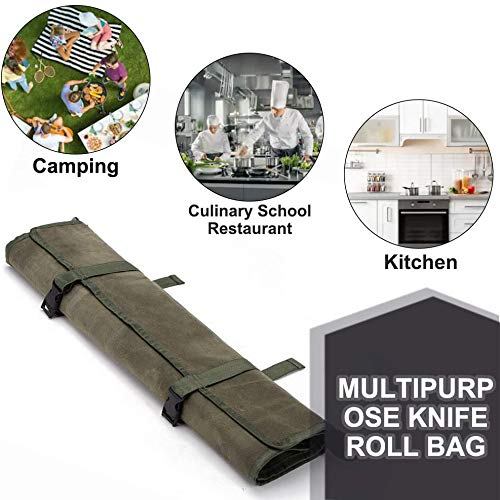 Knife Roll ,Chef’s Knife Roll Bag, Waxed Canvas Knife Cutlery Carrier, Portable Chef Knife Cases, Knife Roll Holders With 10 Slots Plus 1 Zipper Pockets Can Hold Home Kitchen Knife Tools Up To 18.8”