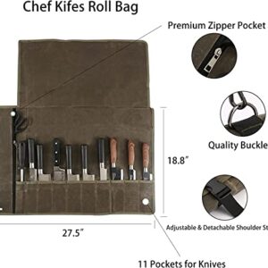 Knife Roll ,Chef’s Knife Roll Bag, Waxed Canvas Knife Cutlery Carrier, Portable Chef Knife Cases, Knife Roll Holders With 10 Slots Plus 1 Zipper Pockets Can Hold Home Kitchen Knife Tools Up To 18.8”