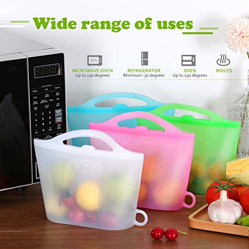 XUANMEIKE Silicone Food Storage Bags 4 Packs of Reusable Food Storage Bags(Upright)Suitable for Storage of Various Foods Freezing, Keeping Fresh, Cooking, Heating(Blue White Pink Green)