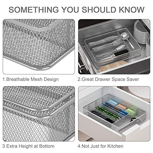 TQVAI Mesh Cutlery Tray 5 Compartments Kitchen Silverware Holder Utensil Flatware Organizer, Silver