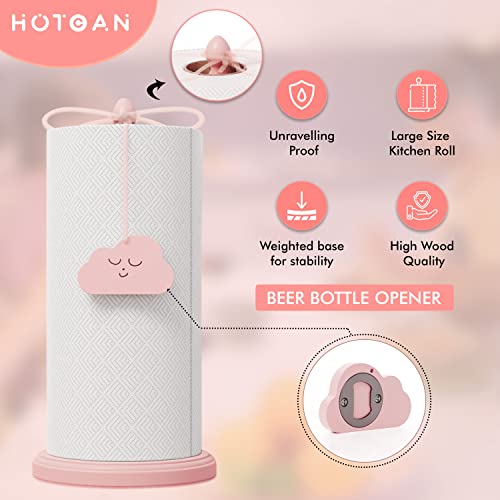 HOTCAN Wood Pink Paper Towel Holder for Countertop, Cute Paper Towel Holder with Beer Bottle Opener, Pink Kitchen Accessories Made of Beech Wood, Pink Home Decor, Windproof Design for Outdoor Use