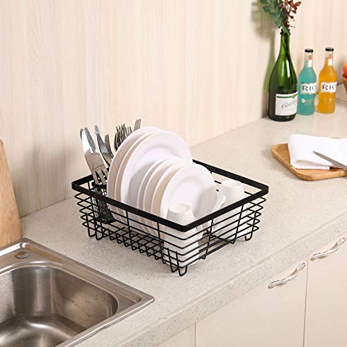 TQVAI Kitchen Dish Drying Rack Metal Dish Drainer with Full-Mesh Silverware Utensils Basket Holder, Black