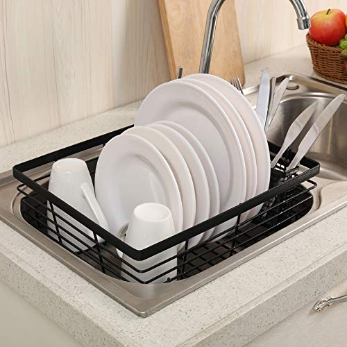 TQVAI Kitchen Dish Drying Rack Metal Dish Drainer with Full-Mesh Silverware Utensils Basket Holder, Black