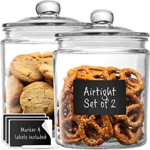 Glass Canister Set for Kitchen Counter + Labels & Marker - Set of 2 - Glass Cookie Jars with Airtight Lids - Food Storage Containers with Lids Airtight for Pantry - Flour, Sugar, Coffee, Cookies, etc.