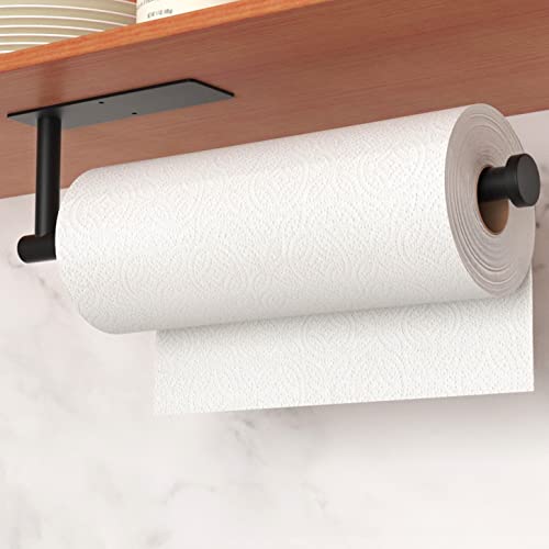 Paper Towel Holder - Self-Adhesive or Drilling, Matte Black Wall Mounted Paper Towel Rack for Kitchen, SUS304 Stainless Steel Kitchen Roll Holder Under Cabinet