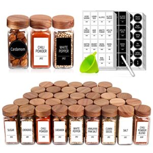 churboro 36 spice jars with 547 labels – glass spice jars with shaker lids – 4 oz square spice containers with acacia wood lids, chalk pen, funnel seasoning jars for spice rack, cabinet, or drawer
