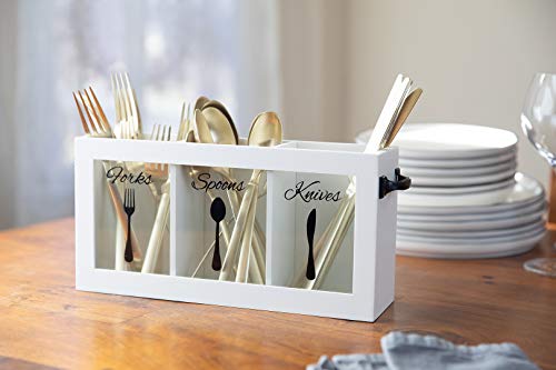 BLU MONACO White Wooden Flatware, Cutlery, Kitchen Utensil & Silverware Caddy Organizer Bin Holder for Forks, Spoons, Knives - Perfect for Kitchen Countertop