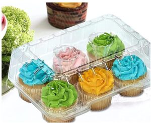 cupcake boxes 6 count – made in usa – stylish clear plastic cupcake containers for displaying & transporting- durable cupcake holders with 4″ high dome for high toppings- each cup cake box holds 6 cupcakes- 12 pack