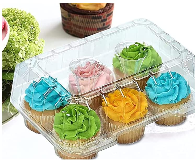 Cupcake Boxes 6 Count - MADE IN USA - Stylish Clear Plastic Cupcake Containers for Displaying & Transporting- Durable Cupcake Holders with 4" High Dome for High Toppings- Each Cup Cake Box Holds 6 Cupcakes- 12 Pack