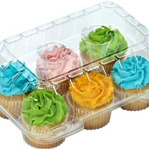 Cupcake Boxes 6 Count - MADE IN USA - Stylish Clear Plastic Cupcake Containers for Displaying & Transporting- Durable Cupcake Holders with 4" High Dome for High Toppings- Each Cup Cake Box Holds 6 Cupcakes- 12 Pack