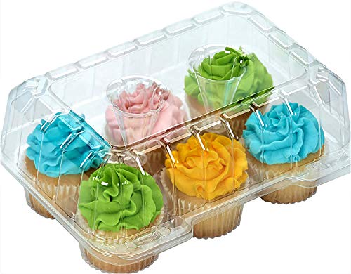 Cupcake Boxes 6 Count - MADE IN USA - Stylish Clear Plastic Cupcake Containers for Displaying & Transporting- Durable Cupcake Holders with 4" High Dome for High Toppings- Each Cup Cake Box Holds 6 Cupcakes- 12 Pack