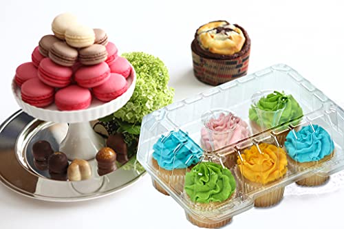 Cupcake Boxes 6 Count - MADE IN USA - Stylish Clear Plastic Cupcake Containers for Displaying & Transporting- Durable Cupcake Holders with 4" High Dome for High Toppings- Each Cup Cake Box Holds 6 Cupcakes- 12 Pack