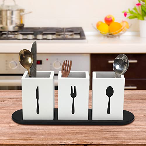 4 Pieces Silverware Caddy Utensil Holder for Countertop Silverware Organizer with Wood Tray Spoon and Fork Holder Cutlery Silverware Holder Utensil Caddy Flatware Organizers for Kitchen (White)